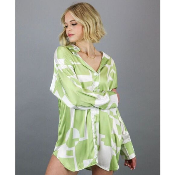 Peppermayo Faye Mini Shirt Dress Sage Retro Geometric Abstract - Picture 1 of 16